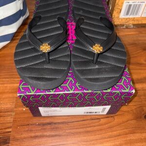 Tory Burch Black Sandals with Gold Logo